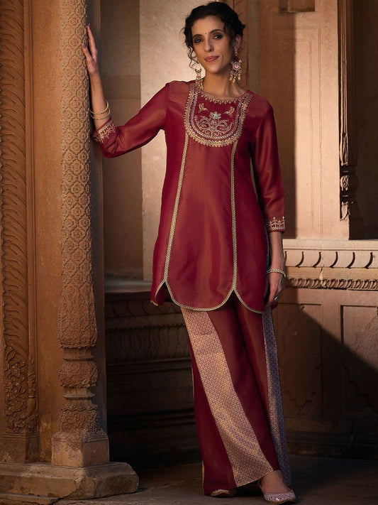 Dhiyona CH Ethnic Motifs Embroidered Thread Work Kurta With Palazzos