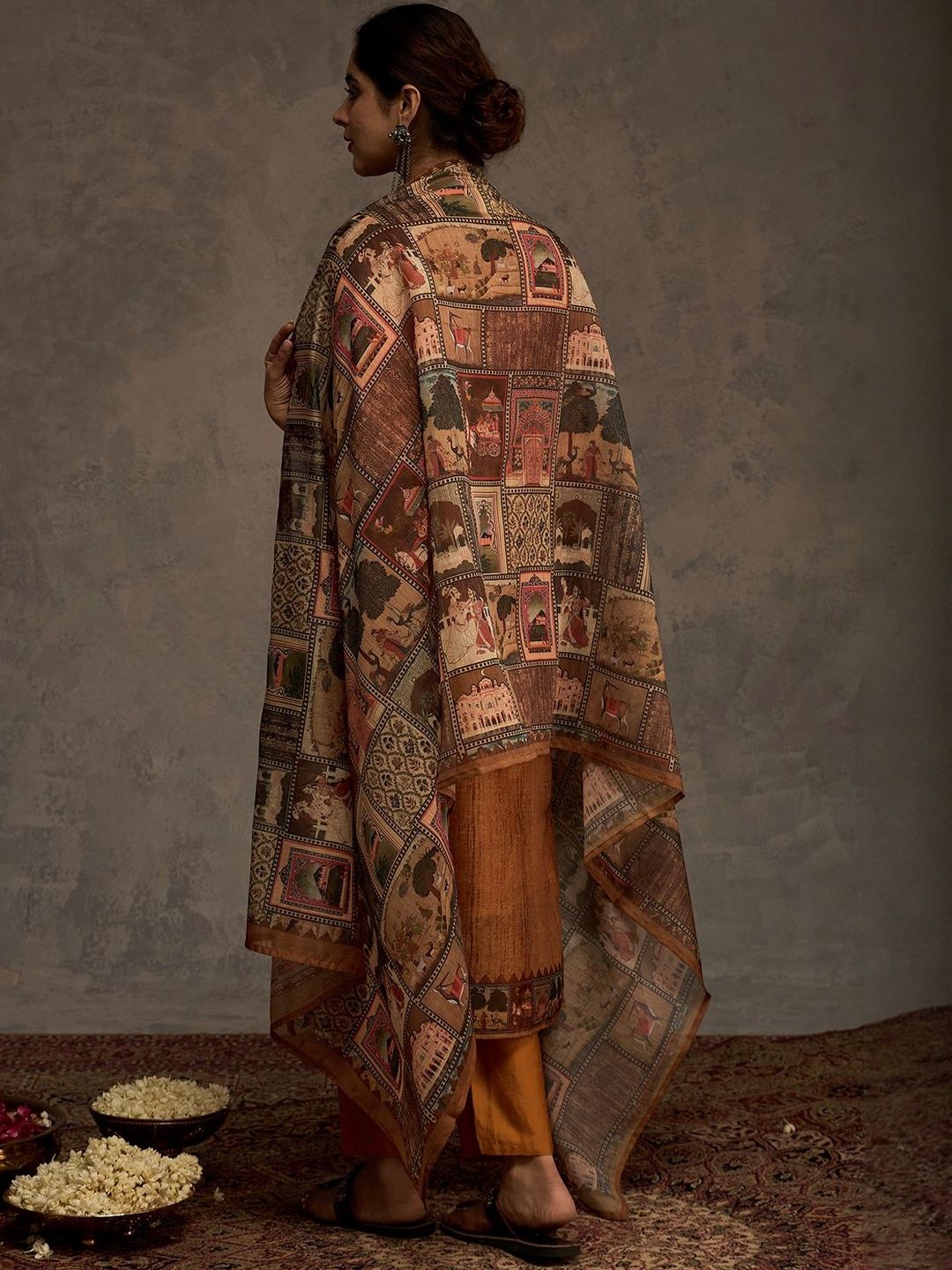 Ethnic Motifs Yoke Design Sequinned Chanderi Cotton Kurta With Trousers & Dupatta