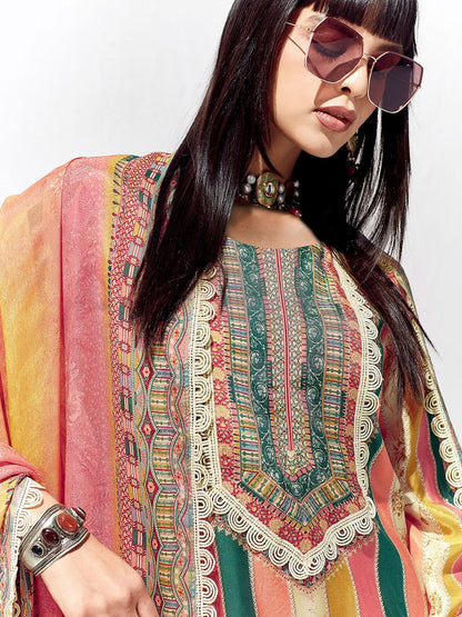 Dhiyona IE Peach Coloured Floral Printed Straight Kurta with Trousers & Dupatta