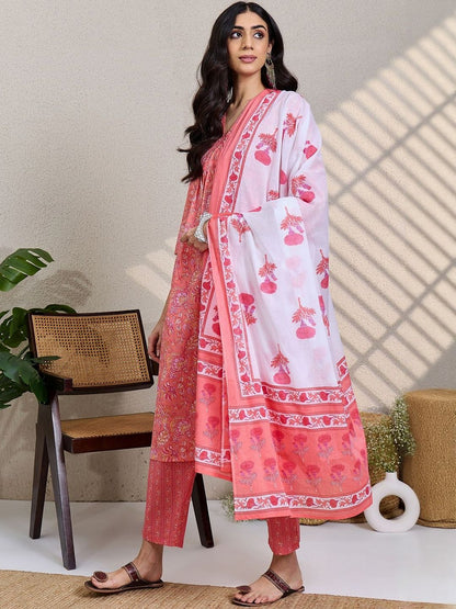Floral Printed Panelled Pure Cotton Kurta With Trousers & Dupatta