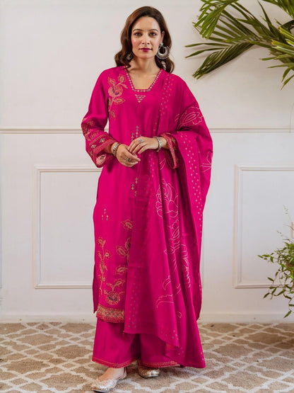 Women Floral Embroidered Thread Work Kurta with Palazzos & Dupatta