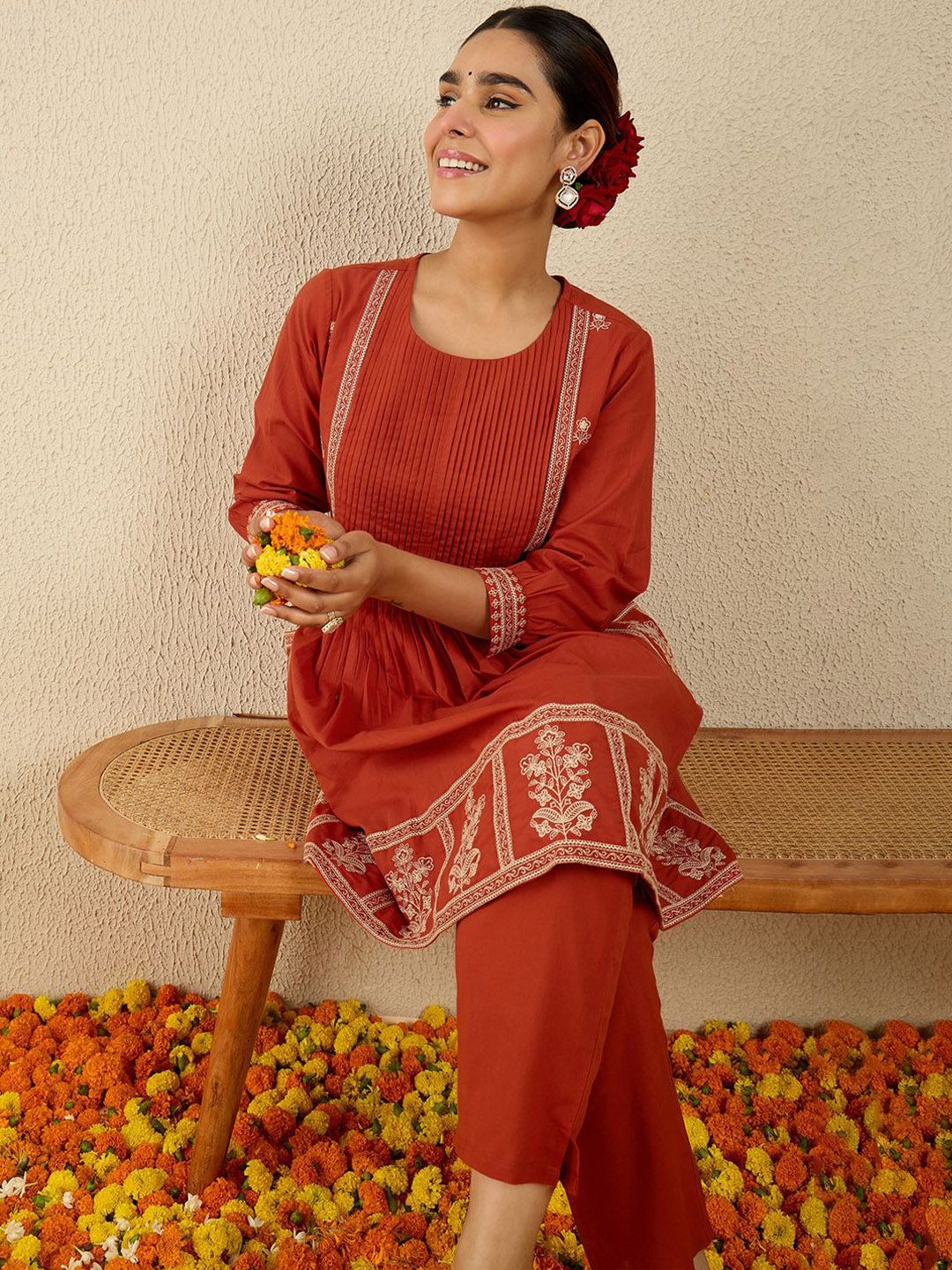 Floral Embroidered Thread Work Pure Cotton Kurta With Trousers