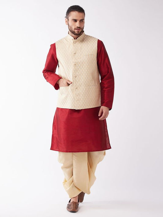 Men's Maroon Silk Blend Straight Jacket  Kurta and Dhoti Set