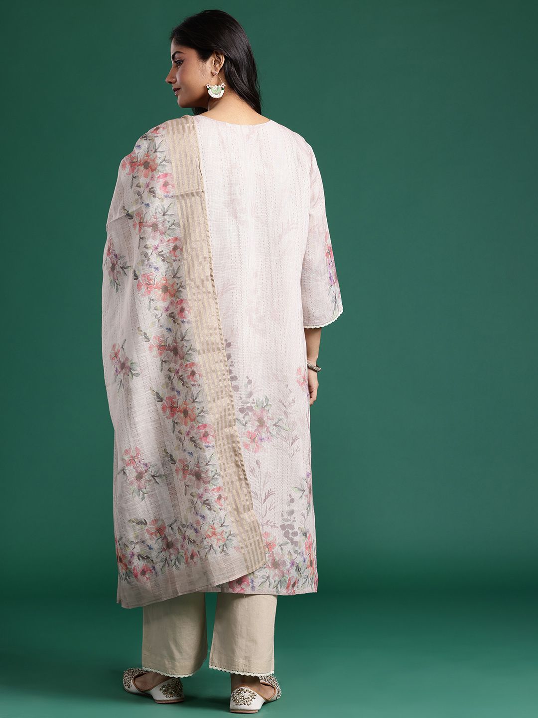 Floral Print Thread Work Linen Kurta with Trousers & Dupatta
