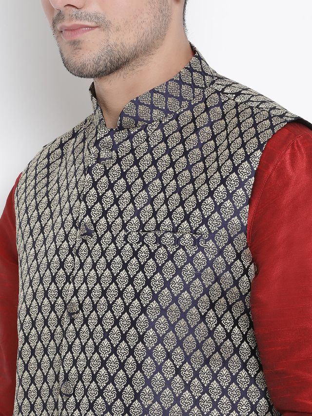 Men's Maroon Silk Blend Straight Jacket  Kurta and Dhoti Set