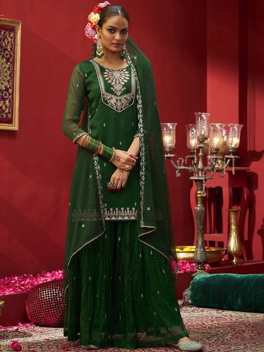 Dhiyona CH Women Ethnic Motifs Embroidered Regular Thread Work Kurta with Sharara & With Dupatta