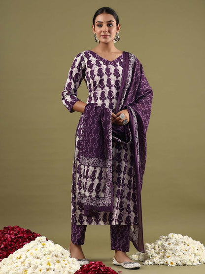 Paisley Printed Regular Pure Cotton Straight Kurta with Trousers & Dupatta