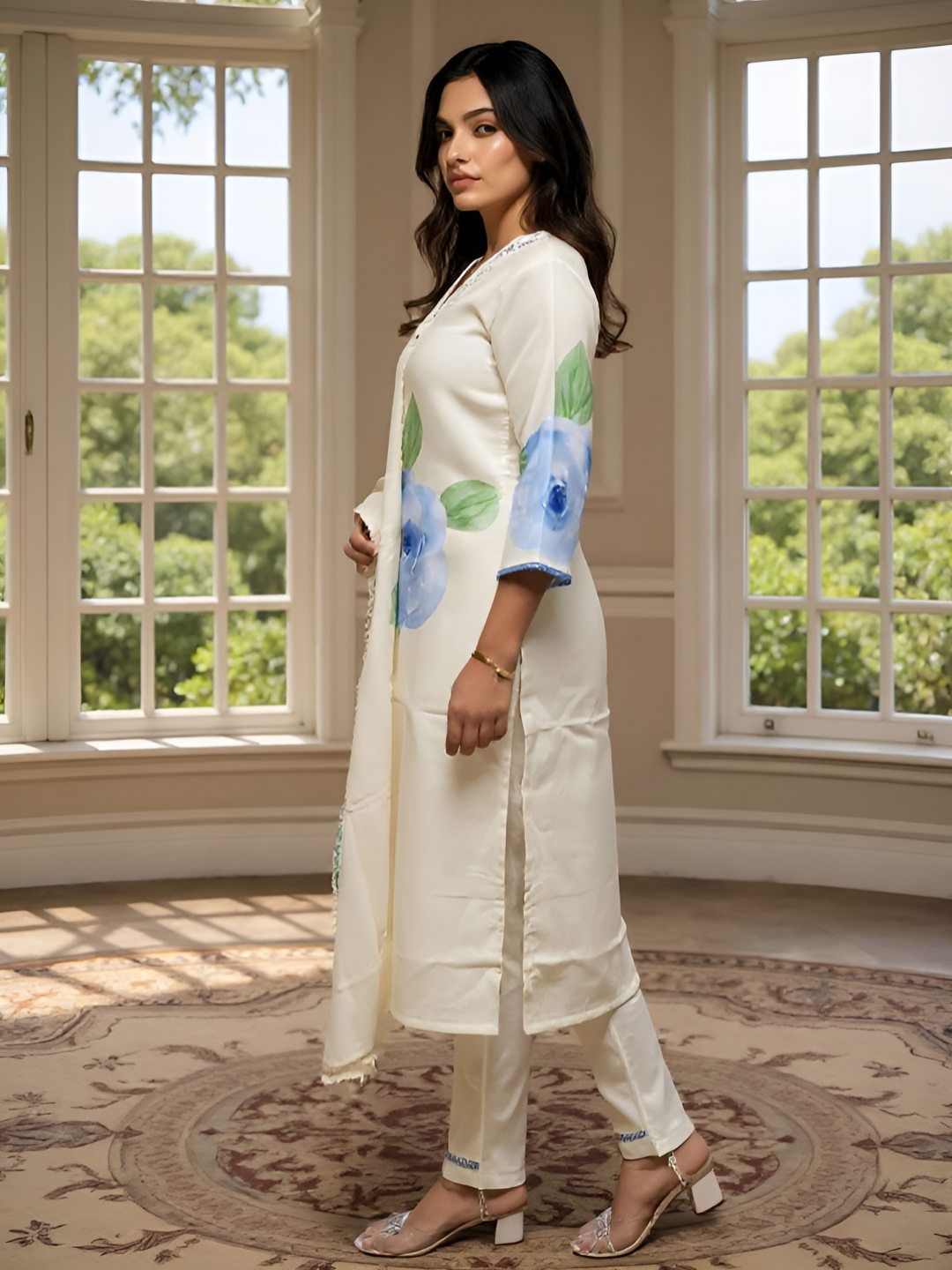 Dhiyona IE Women's Women Floral Printed Linen Kurta with Trousers & Dupatta