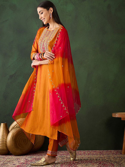 Dhiyona SN Women's Floral Yoke Design Regular Sequinned Kurta With Trousers & Dupatta