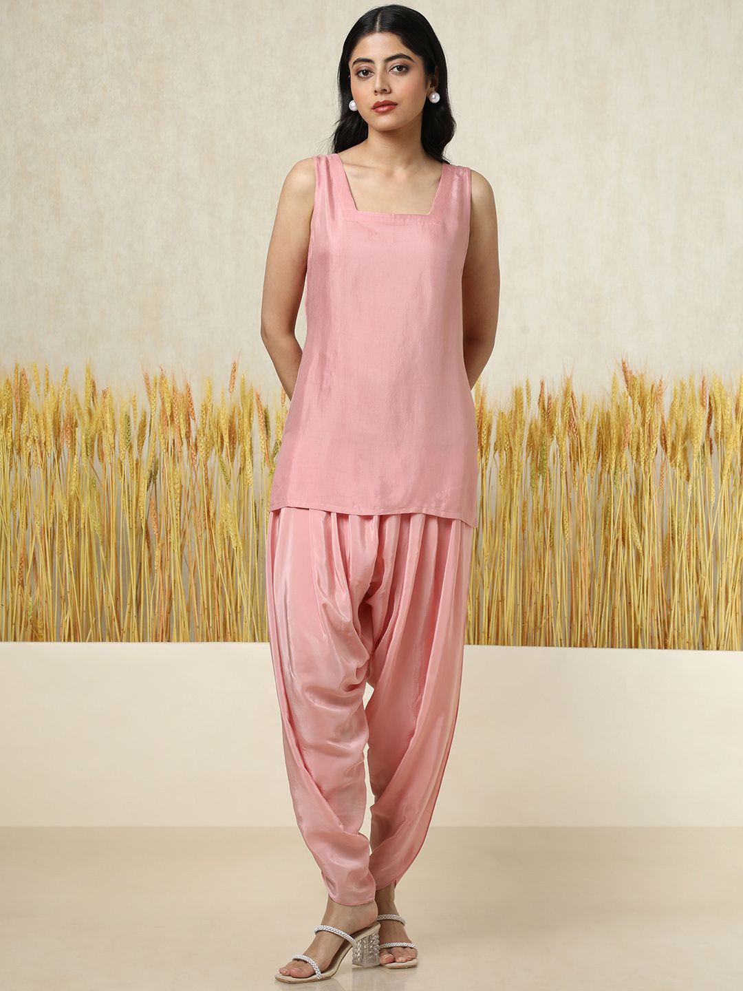 Dhiyona SO Women's Chevron Embroidered Square Neck Georgette Layered A-Line Kurti With Dhoti Pants
