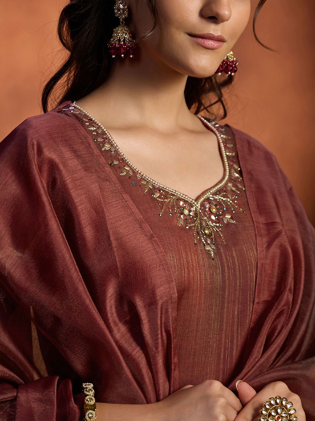 Dhiyona WP Floral Digital Printed Beads and Stones Jacquard Kurta with Trousers & Dupatta