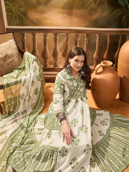 Dhiyona SN Women's Women's Pista Green Block Printed Cotton Anarkali Kurta Pant Dupatta Set