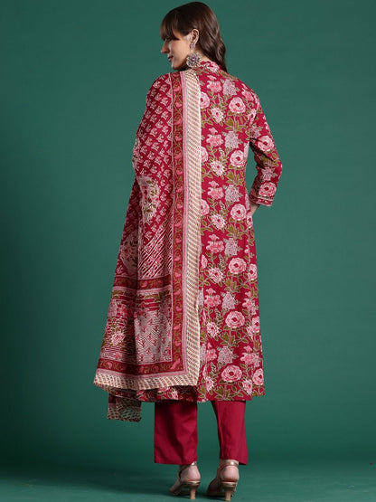 Women Floral Printed Angrakha Pure Cotton Kurta with Trousers & With Dupatta