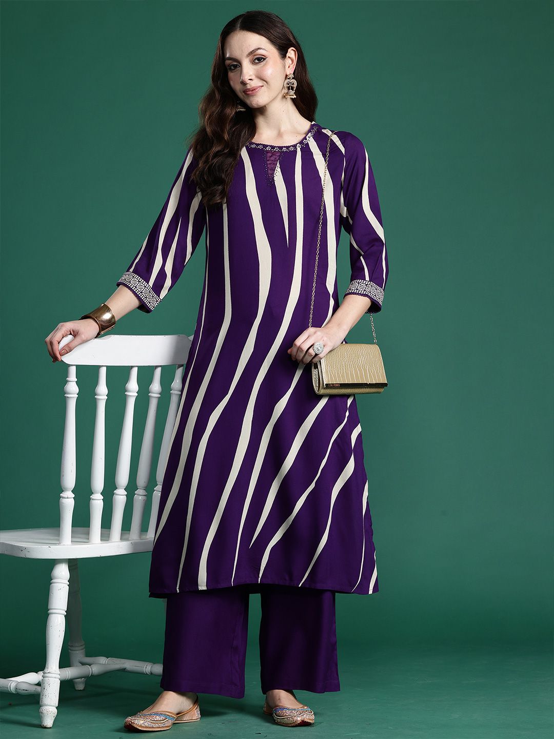 Printed Round Neck Straight Beads And Stones Kurta With Palazzos