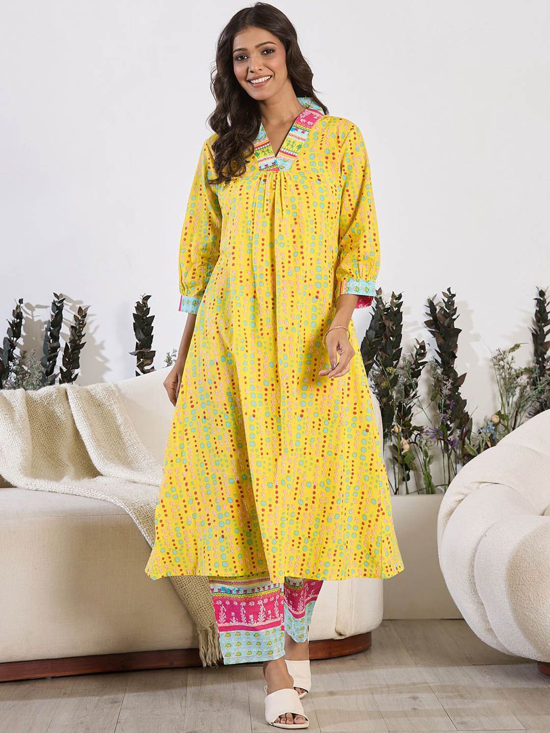 V-Neck Printed Pure Cotton A-Line Kurta with Trousers