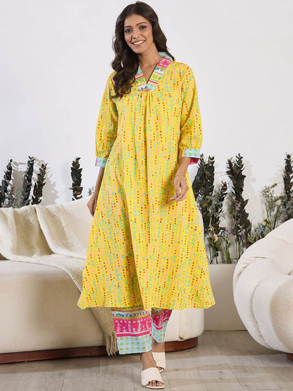 V-Neck Printed Pure Cotton A-Line Kurta with Trousers