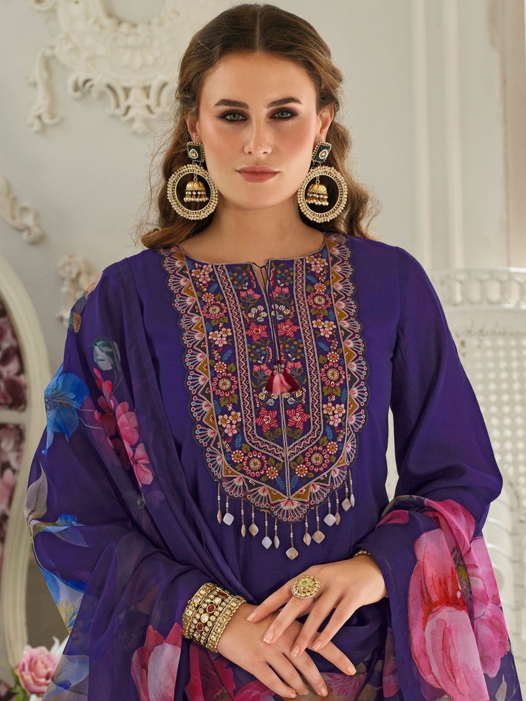 Women Floral Embroidered Kurta with Trousers & Dupatta