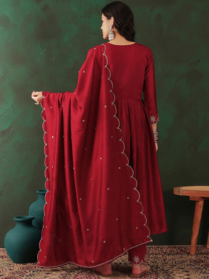 Dhiyona SN Women's Maroon Floral Embroidered Sequinned Anarkali Kurta With Trouser & Dupatta