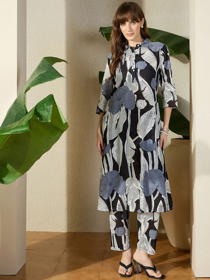 Dhiyona IE Floral Floral Printed Pure Cotton Shirt Collar Tunic With Trousers