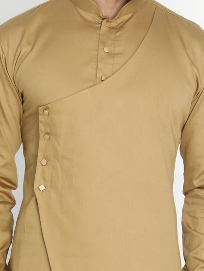 Men's Chiku Cotton Cotton Satin Asymmetric Kurta Pyjama Set