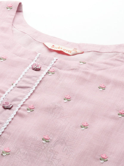 Pink Embroidered Straight Kurta With Trousers & Dupatta