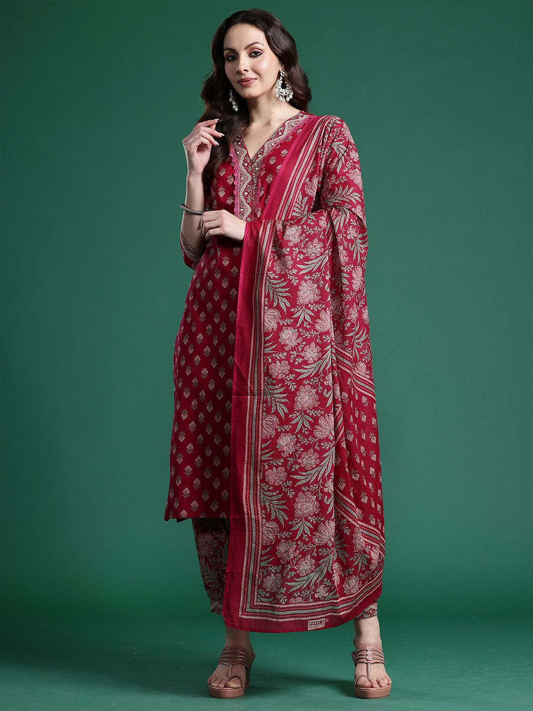 Women Ethnic Motifs Printed Pure Cotton Kurta with Patiala & With Dupatta