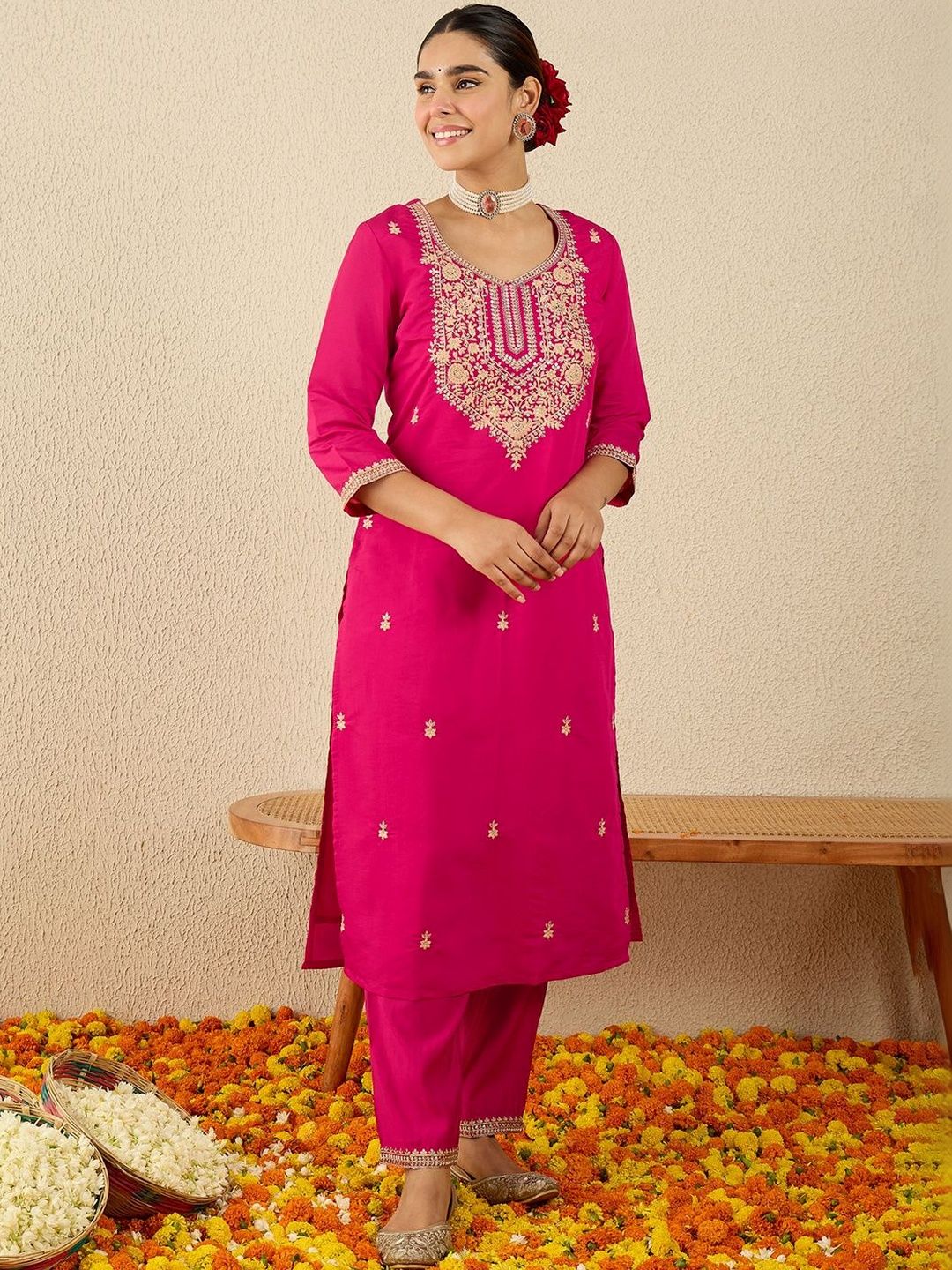 Women Ethnic Motifs Embroidered Regular Thread Work Kurta with Trousers & With Dupatta