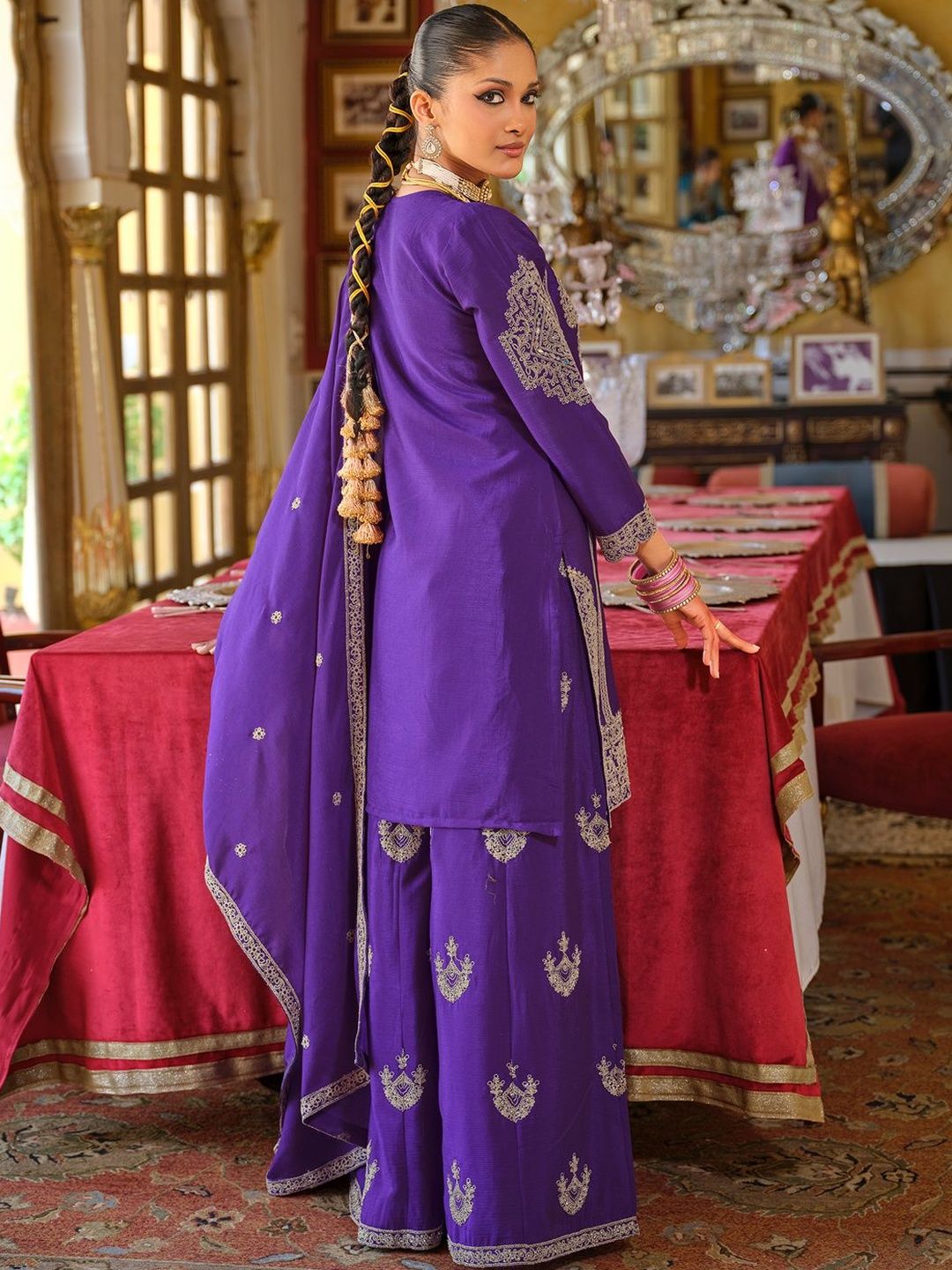 Ethnic Motifs Embroidered Chinon Beads And Stones Kurta With Palazzos & Dupatta