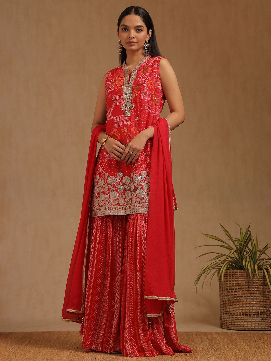 Dhiyona SO Women's Women Bandhani Printed Zardozi Sleeveless Straight Kurta with Sharara & Dupatta