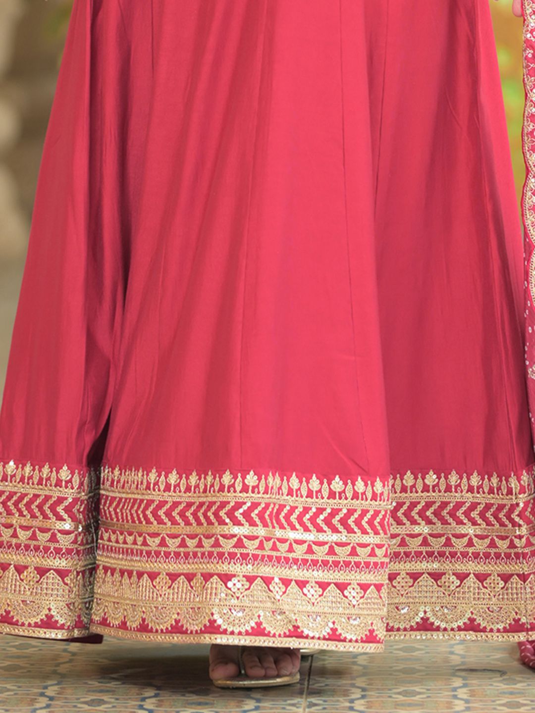 Dhiyona IE Ethnic Motifs Embroidered Liva Anarkali Kurta With Trousers & Dupatta