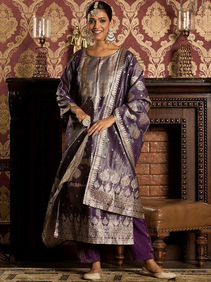 Ethnic Motifs Woven Design Zari Straight Kurta With Trousers & Dupatta