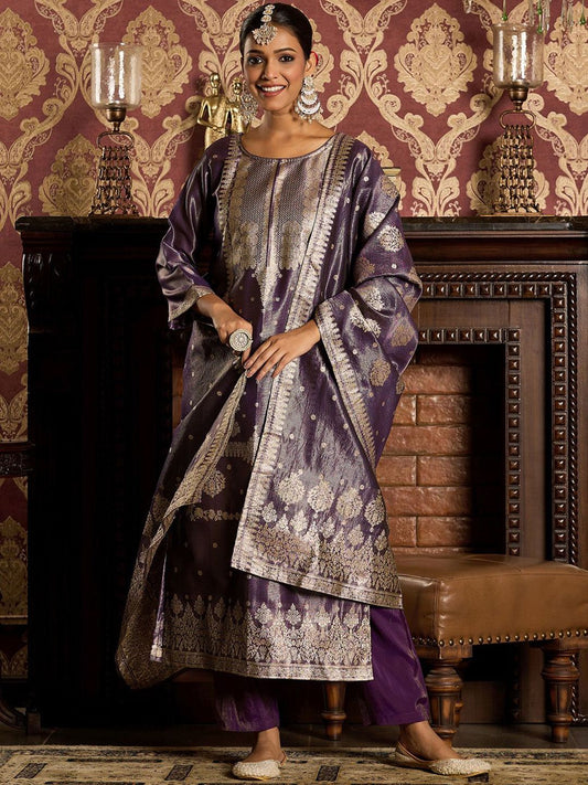 Ethnic Motifs Woven Design Zari Straight Kurta With Trousers & Dupatta