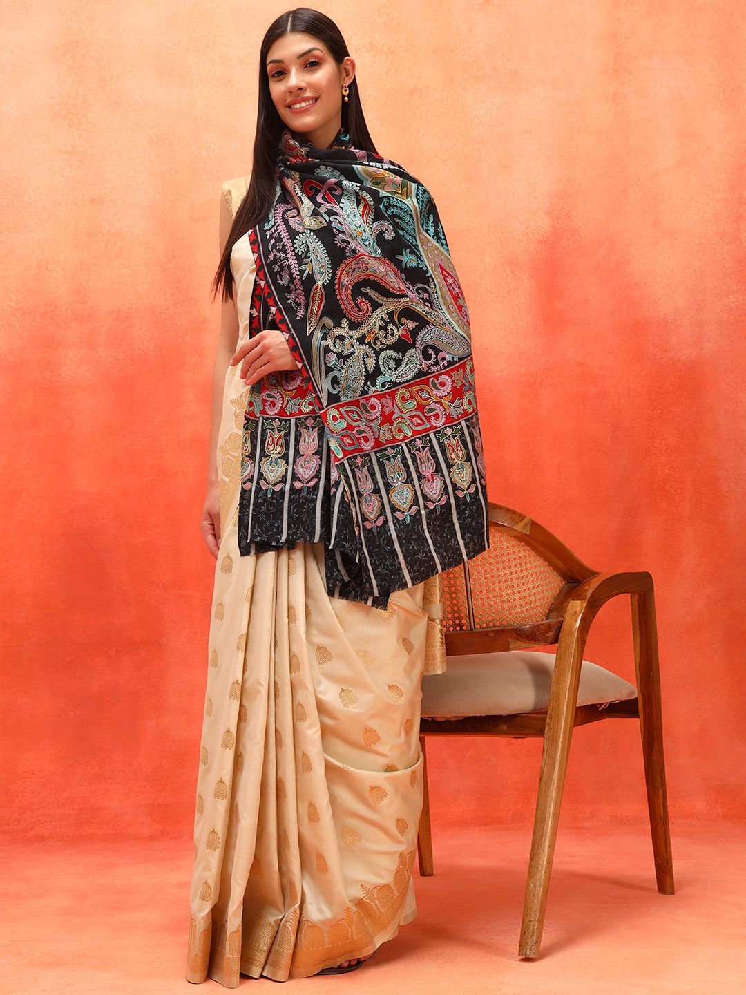 Dhiyona PA Ethnic Motifs Embroidered Woolen Shawl