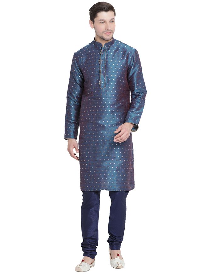 Men's Blue Silk Blend Straight Kurta Pyjama Set