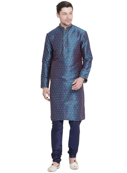 Men's Blue Silk Blend Straight Kurta Pyjama Set