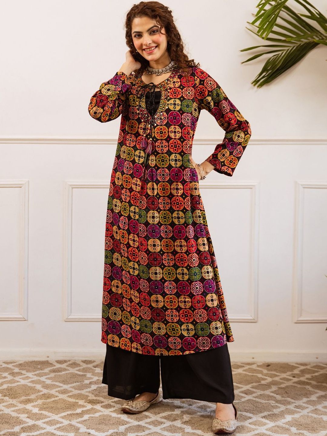 Women Printed Regular Beads and Stones Work Kurta with Palazzos