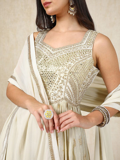 Dhiyona SO Women's Floral Woven Design Angrakha Mirror Work Anarkali Kurta with Churidar & Dupatta
