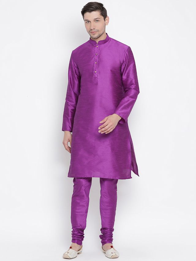 Men's Purple Silk Blend Straight Kurta Pyjama Set