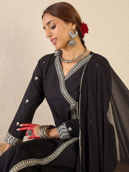 Women Ethnic Motifs Embroidered Angrakha Thread Work Kurta with Trousers & With Dupatta