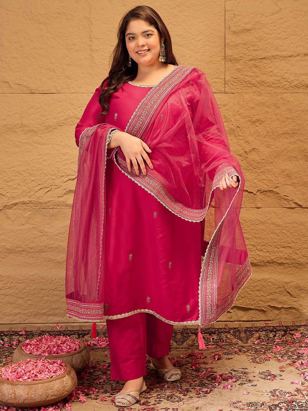 Dhiyona IN Ethnic Motifs Embroidered Straight Kurta with Trousers & Dupatta