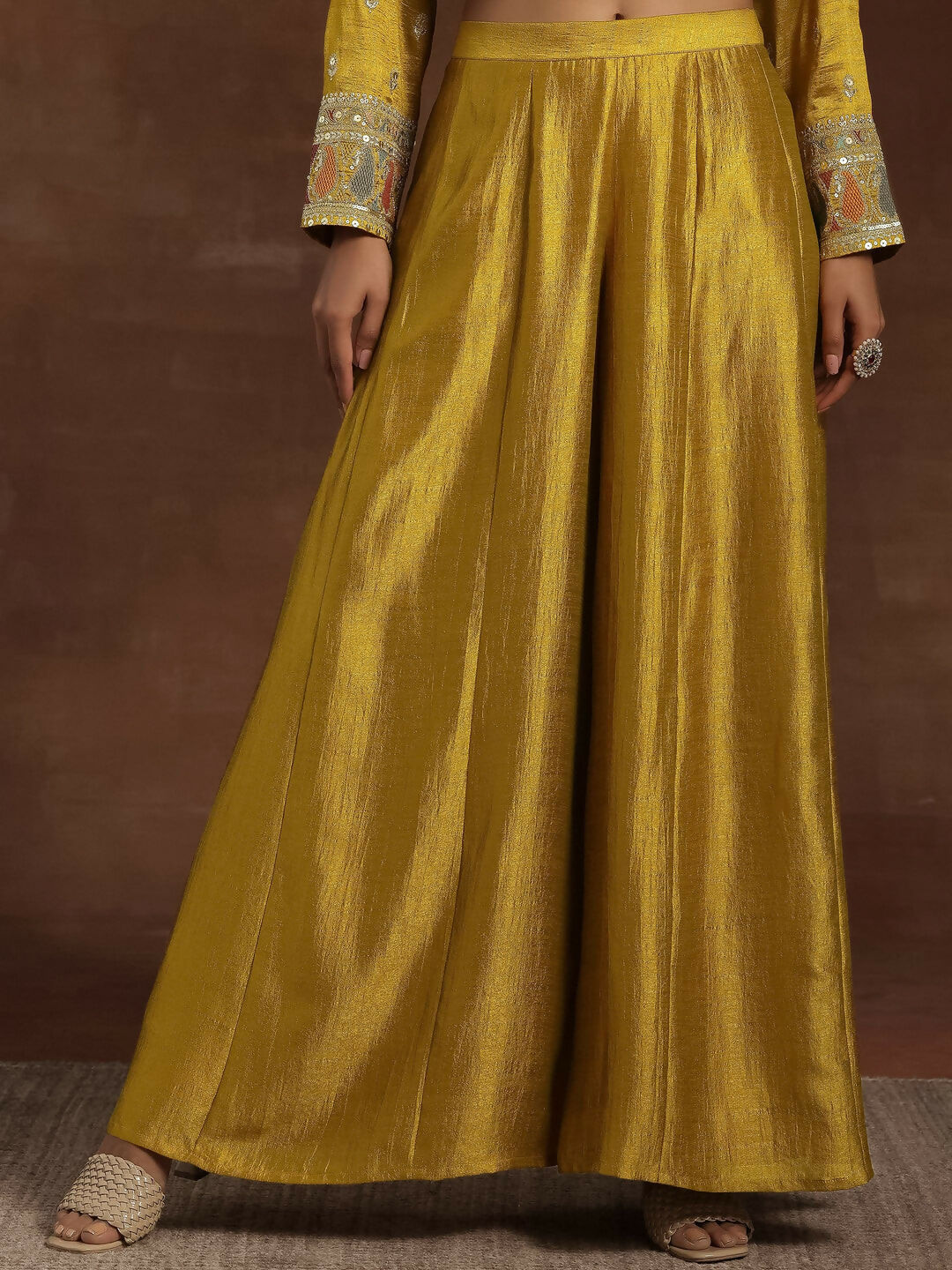 Women's LB Adaa Mustard Embroidered Silk Blend Straight Kurta With Palazzos & Dupatta