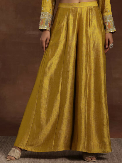 Women's LB Adaa Mustard Embroidered Silk Blend Straight Kurta With Palazzos & Dupatta