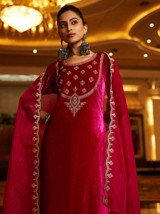 Floral Yoke Design Sequinned Velvet Straight Kurta With Trousers & Dupatta