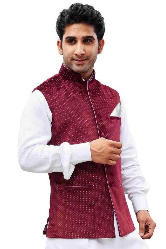Men's Maroon Velvet Straight Nehru Jacket