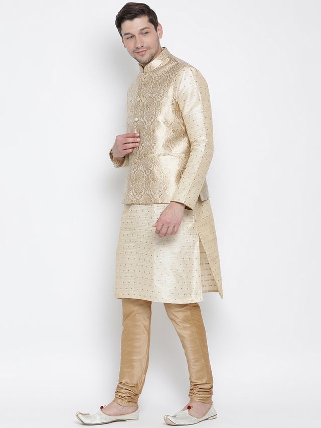 Men's Gold Silk Blend Straight Jacket  Kurta and Pyjama Set