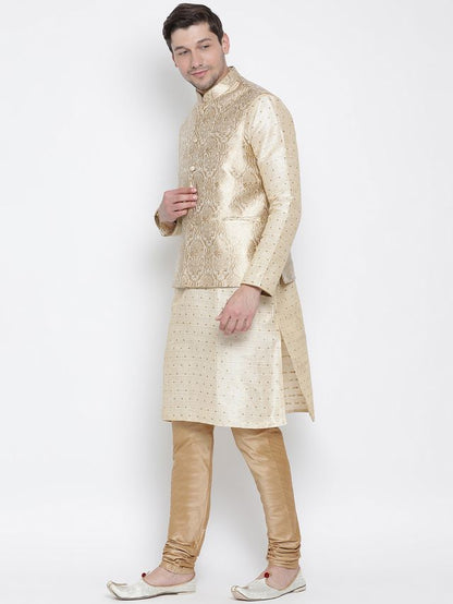 Men's Gold Silk Blend Straight Jacket  Kurta and Pyjama Set
