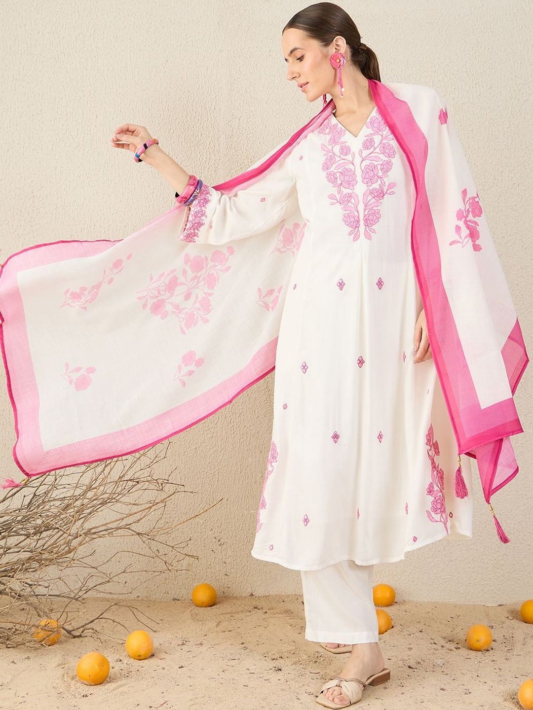 Floral Embroidered V-Neck Thread Work A-Line Kurta & Trousers With Dupatta