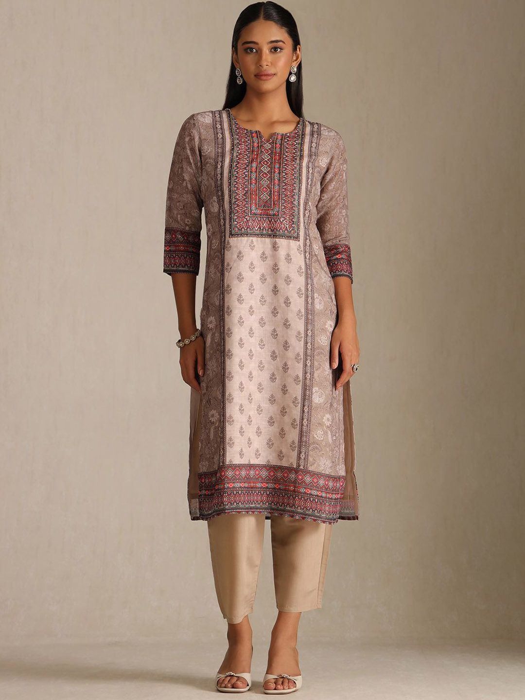Dhiyona SO Women's Floral Printed Notch Neck Beads and Stones Linen Kurta With Trousers & Dupatta