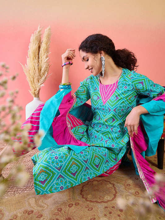Dhiyona SN Women's Bandhani Printed Pure Cotton Round Neck Kurta With Trousers & Ruffled Dupatta