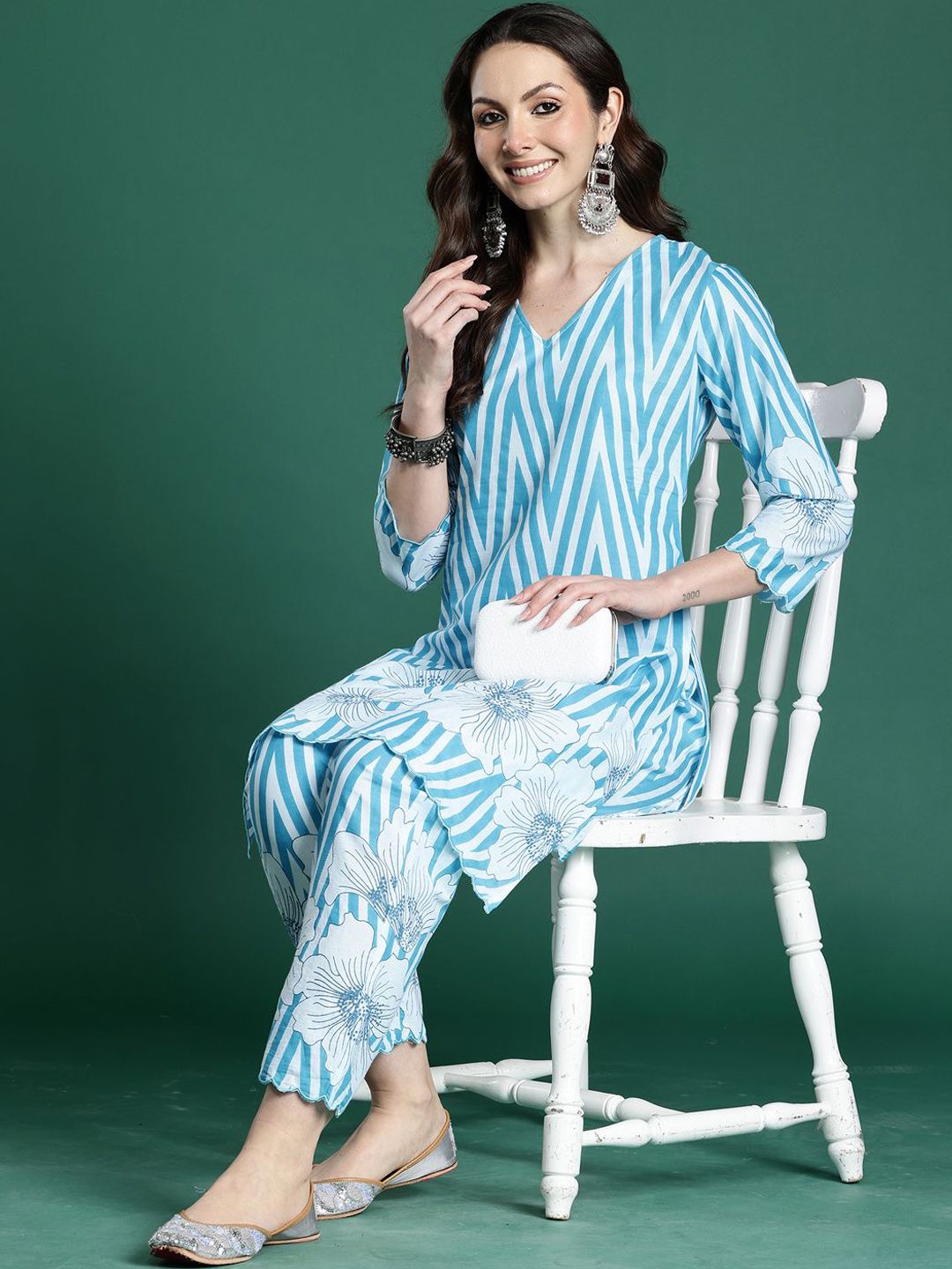 Dhiyona IE Printed Pure Cotton V Neck Top With Trousers Co-Ords